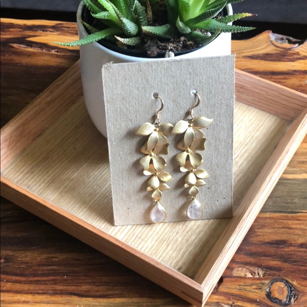 Brushed Metal Plumeria Drop Pendant Earrings